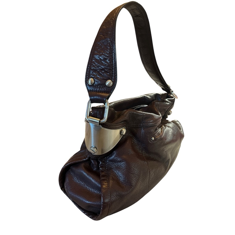 B. Makowsky Dark Brown Slouchy Brown Leather HoBo Shoulder Bag Metallic Details - Picture 4 of 17